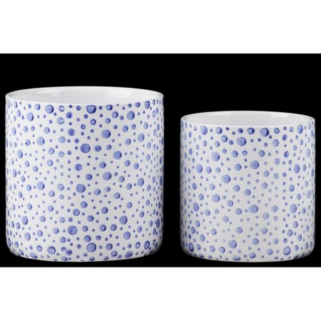 URBAN TRENDS COLLECTION Ceramic Round Pot Planters with Spotted Blue  White Set of 2 50314